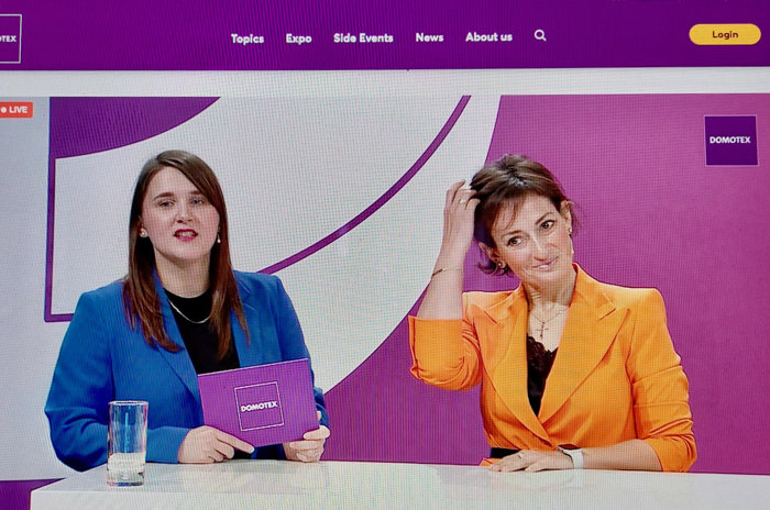 Net als vorig jaar opende Sonia Wedell Castellano rechts Global Director Domotex Worldwide bijgestaan door woordvoerster Saskia Krolop de persconferentiejpg